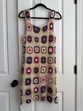 Paper Heart Multicolor Crochet Granny Square Mini Dress